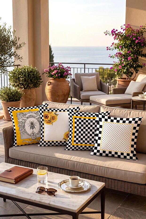 Pöti Square Black and Yellow Patterned 4-Piece Throw Pillow Cover Set