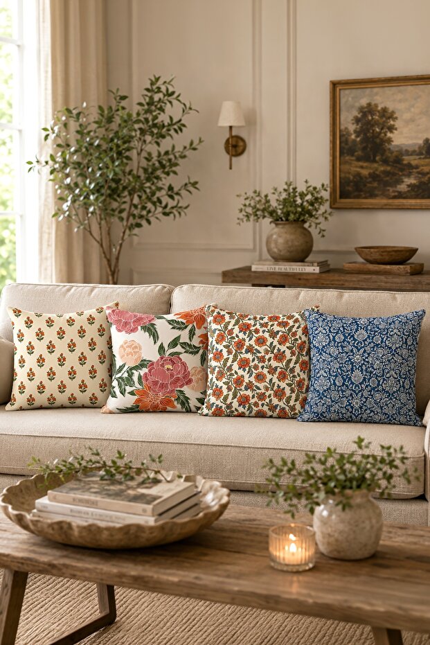 Soft Color Flowers Patterned 4-Piece Throw Pillow Cover Set