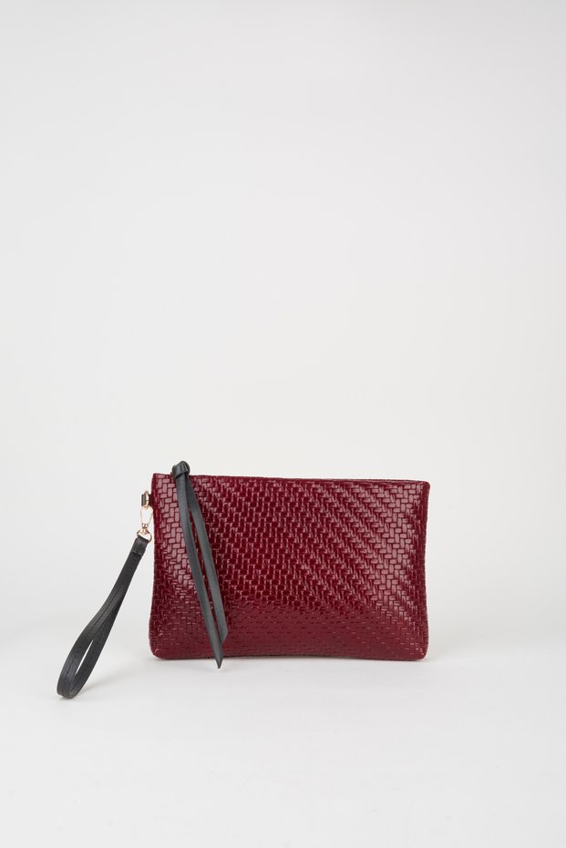Women's Bellis Knitted Claret Red Lined Faux Leather Wrist Strap Portfolio Handbag and Clutch Bag