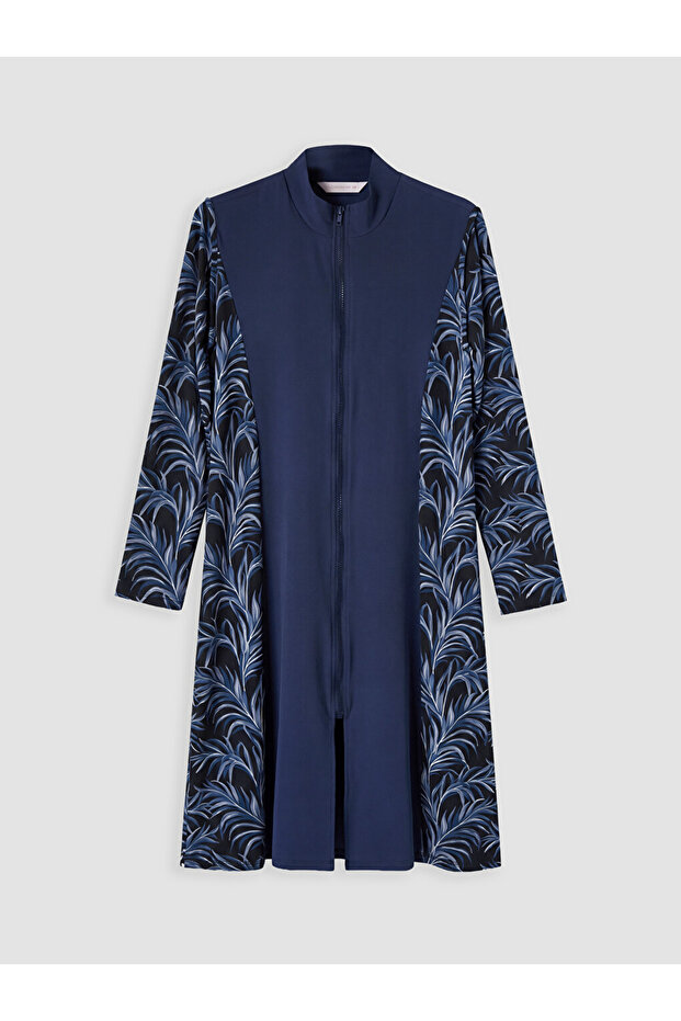 Navy Blue High Neck Patterned Women's Hijab Swimsuit