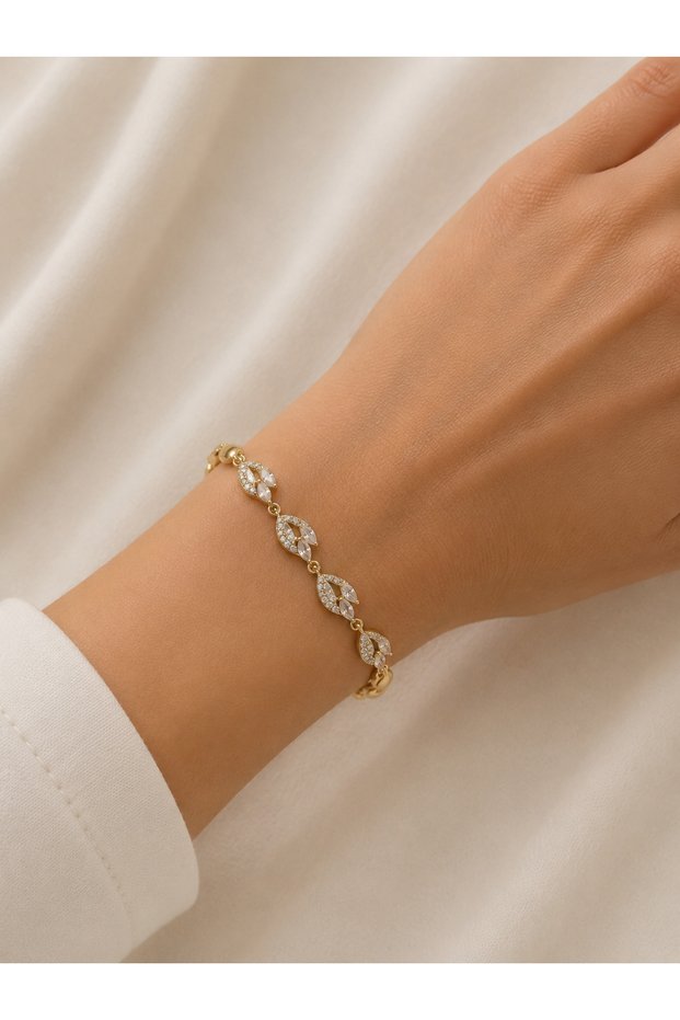 Women's Gold Steel Bracelet with Zircon Stone Leaf Model Luxury Waterway Bracelet
