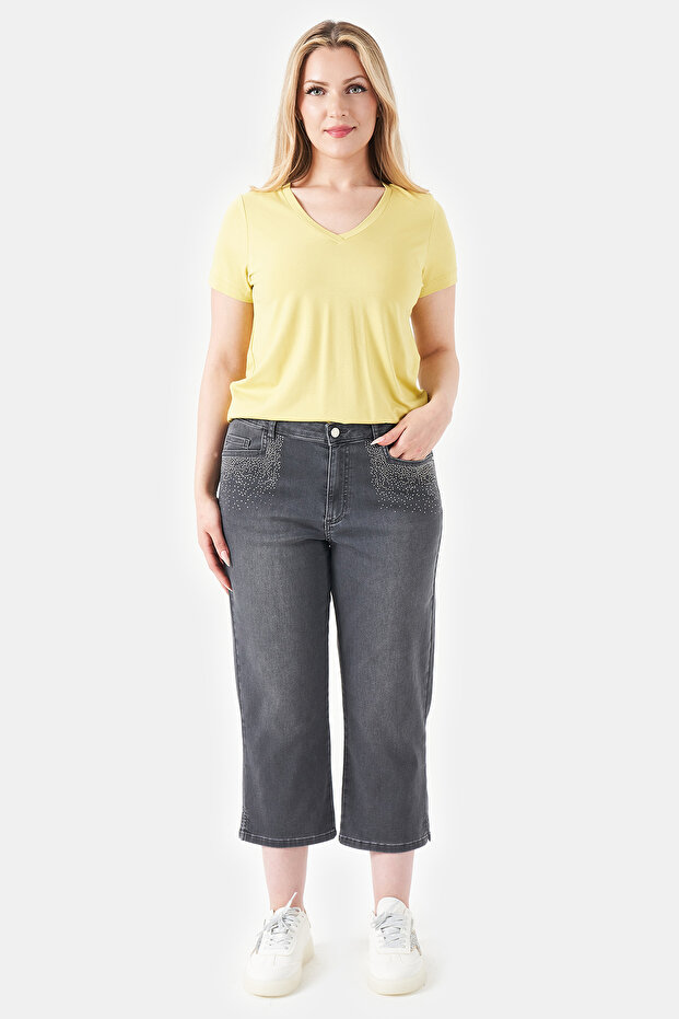 30259 Gray Stone Detail Piped Leg Jeans Capri
