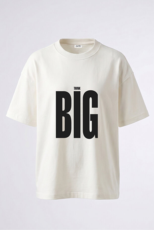 تي شيرت قطني أبيض كبير الحجم مطبوع من الخلف بتصميم Think Big