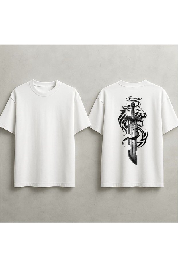 Oversized T-Shirt with Sword and Lion Print