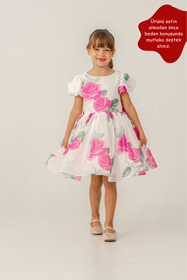 Girl's Rose Patterned Fluffy Tutu Evening Dress