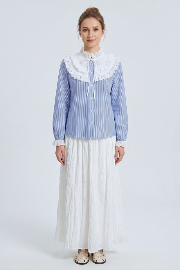 Blue Striped Wide Scallop Lace Robe with Bow Tie Shirt