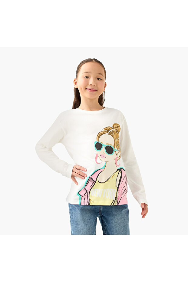 Crew Neck Long Sleeves T-shirt with Graphic Print