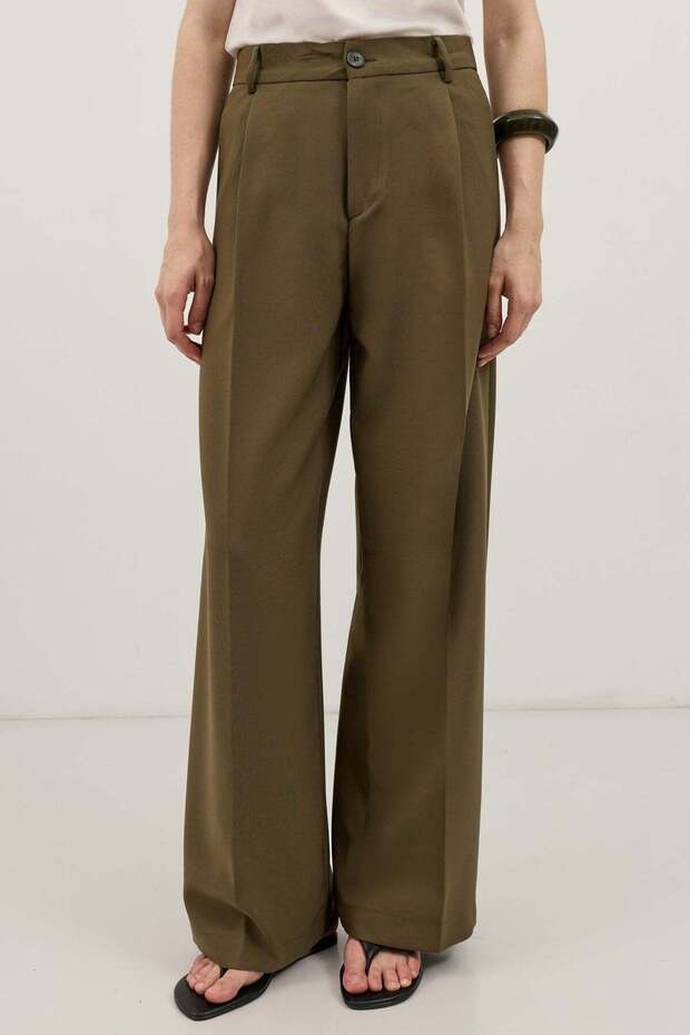 Khaki Wide Leg Pleated Trousers