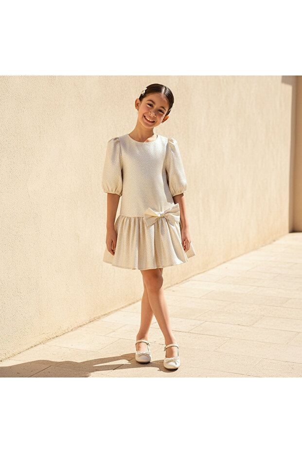 Round Neck 3/4 Sleeves Drop Waist Dress with Textured Bow Applique