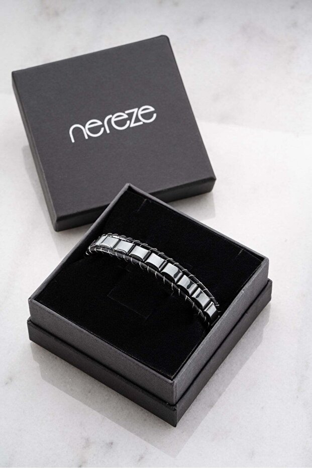 Hematite Square Natural Stone Double Row Leather Detailed Men's Steel Bracelet