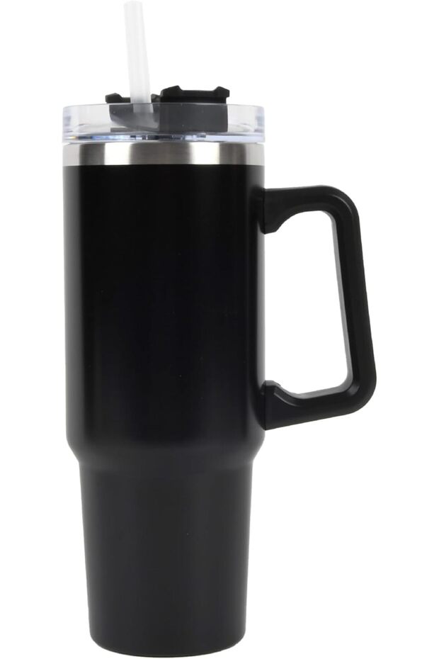 30 oz Stainless Steel Travel Tumbler with Handle, Insulated Mug with Lid and Straw, Double Wall Vacuum Tumbler for Hot & Cold Drinks, Reusable Leak-Resistant Cup, Black