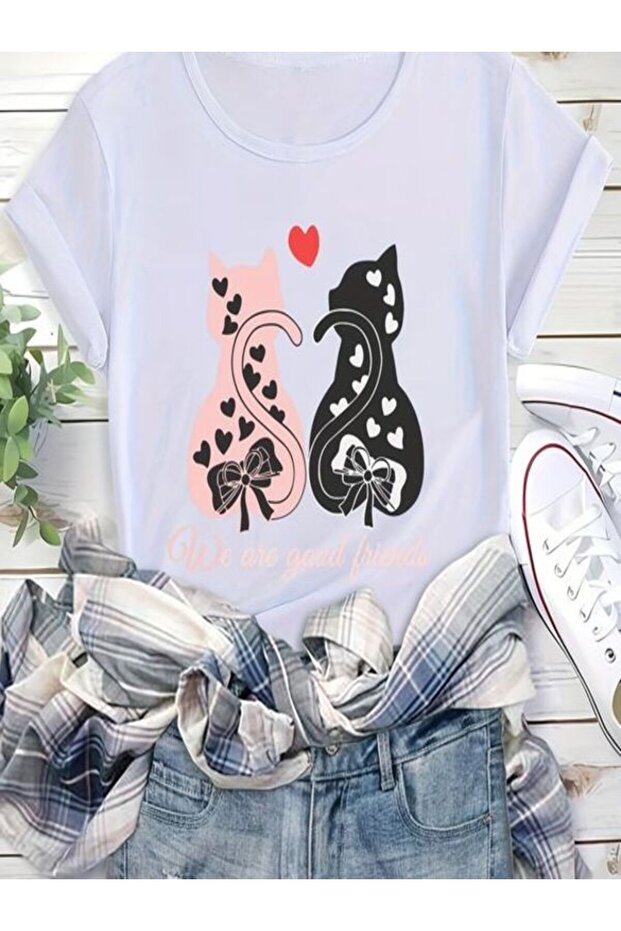 Hearted Cat Printed White Oversize T-Shirt