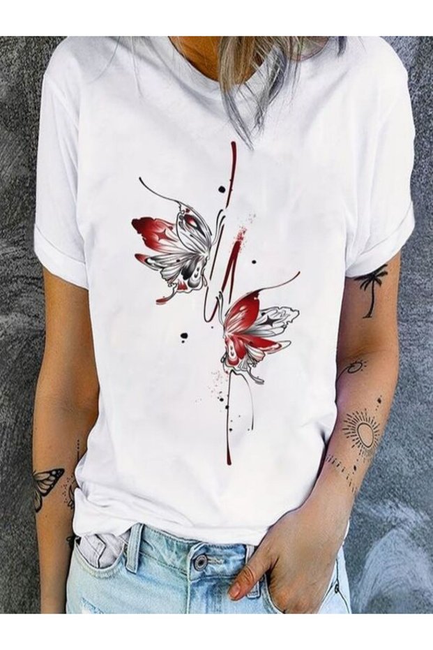 White Butterfly Printed Women's T-Shirt
