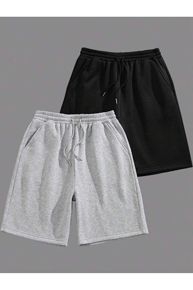 2-Piece Unisex Black and Gray Plain Shorts