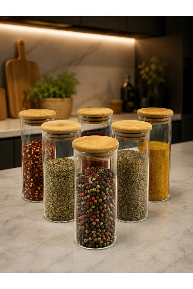 Set of 6 Glass Bamboo Vacuum Lids Spice Jar Set Jars 350ml