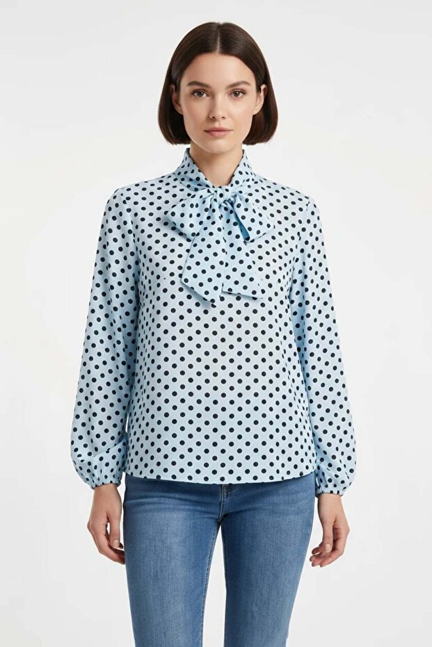 Women's Scarf Collar Polka Dot Blue Blouse
