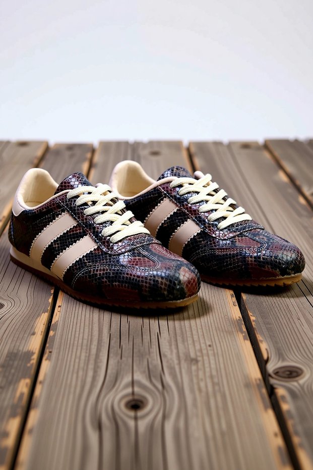 Women's Snakeskin Patterned Lace-Up Sneakers Color Block Stripe Detailed Comfortable Cut Casual Stylish
