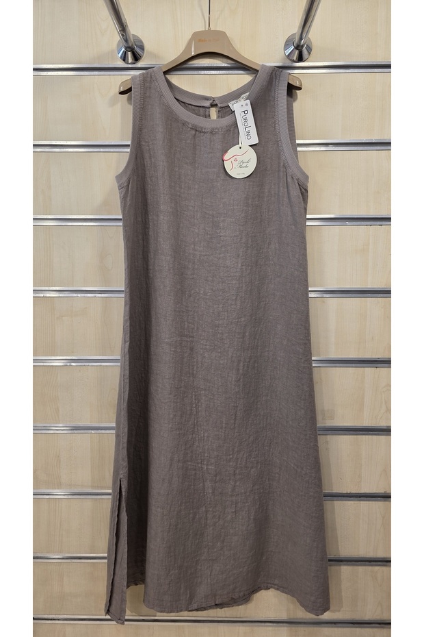 Linen Dress Sleeveless Plain Pattern