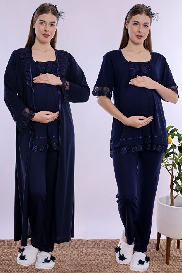 Cotton Long Robe Maternity Nursing Pajama Set Effortt - Navy Blue