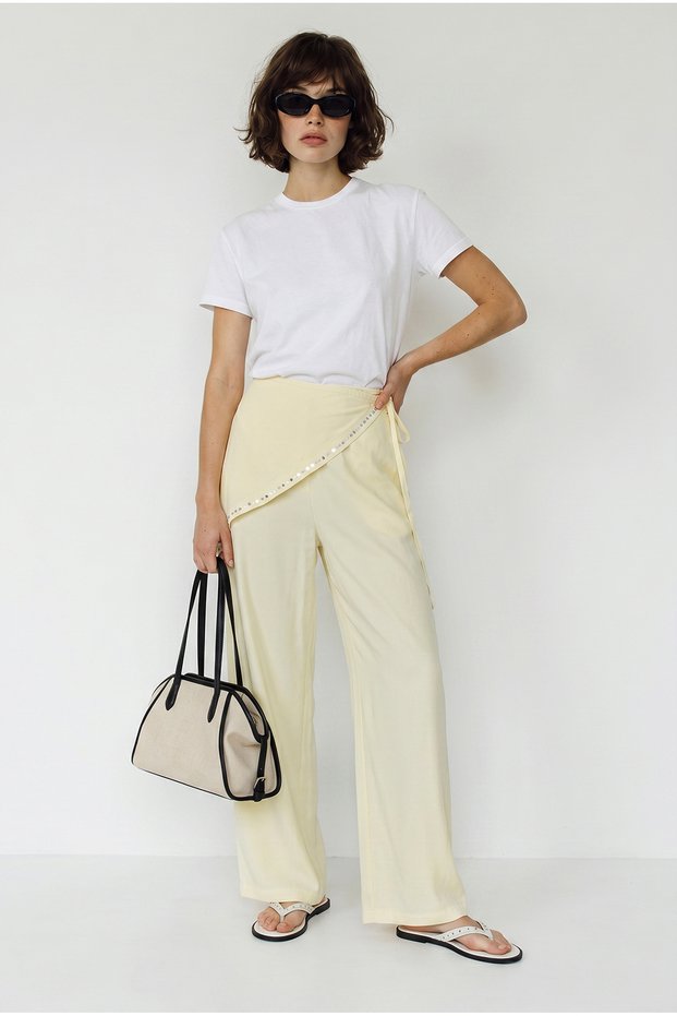 Women's Yellow Shimmering Modal Trousers with Elastic Waist and Pocket Detail 3304 60286323