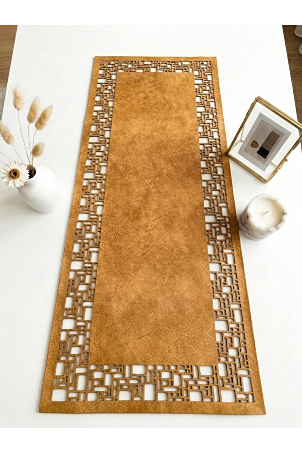 Mustard Yellow Suede Fabric Runner 40X100 cm Coffee Table Size - Geometric Quadrilateral Pattern