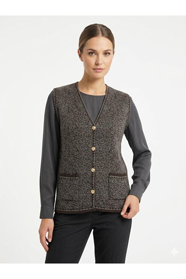 Women's Authentic Patterned Buttoned Knitwear Vest with Pockets Classic Mother's Vest Compatible with Sizes 42-48