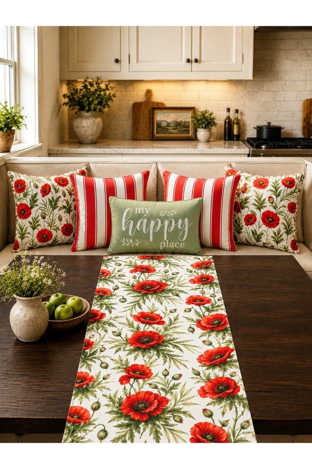 5-Piece Decorative Throw Pillow Cover with Poppy Flowers and Stripes