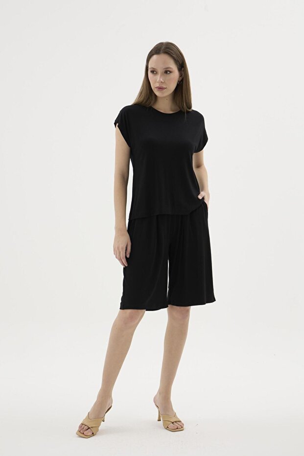 Women's Short Sleeve Black Pajama Set with Shorts C3T9N512