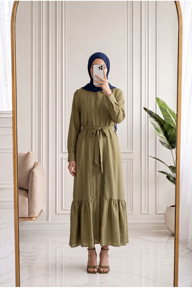 Azende Front Pleated Sleeve End Double Button Dress-Pa9882 Oil Green