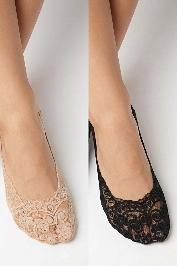 Premium - Lace Standard Size Ballerina Socks Black-Tan 2-Pack