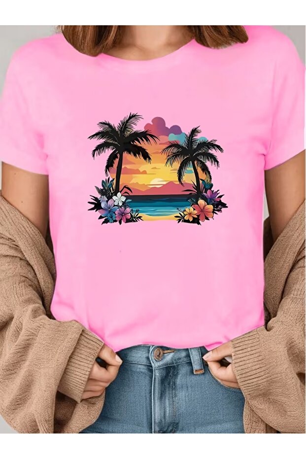 Women's Palm Tree Printed Oversize T-Shirt Loose Fit