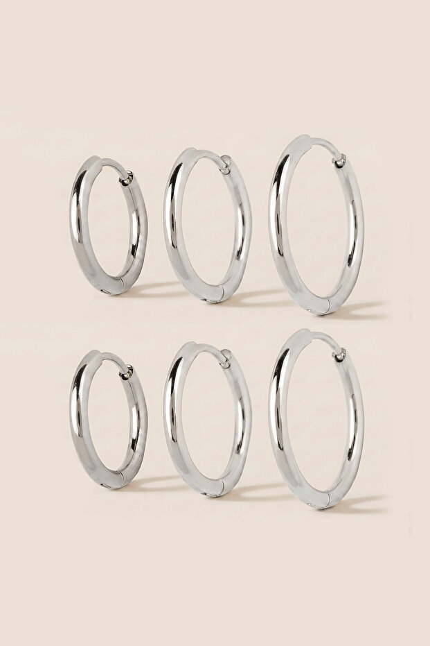 Silver Color Steel 12-14-16 mm 6-Piece Hoop Earrings 2 mm