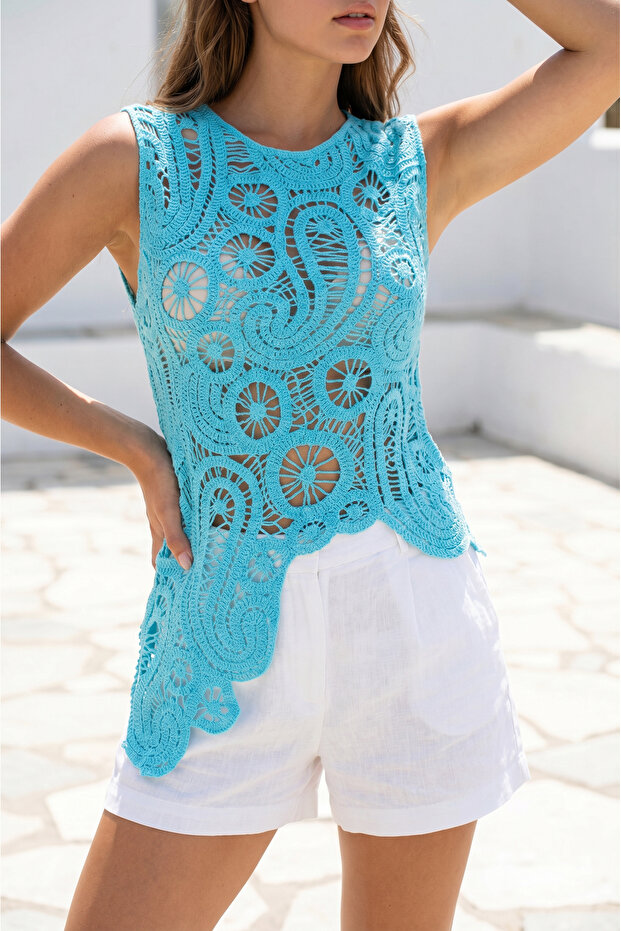 Ethnic Patterned Lace Crochet Woven Blouse