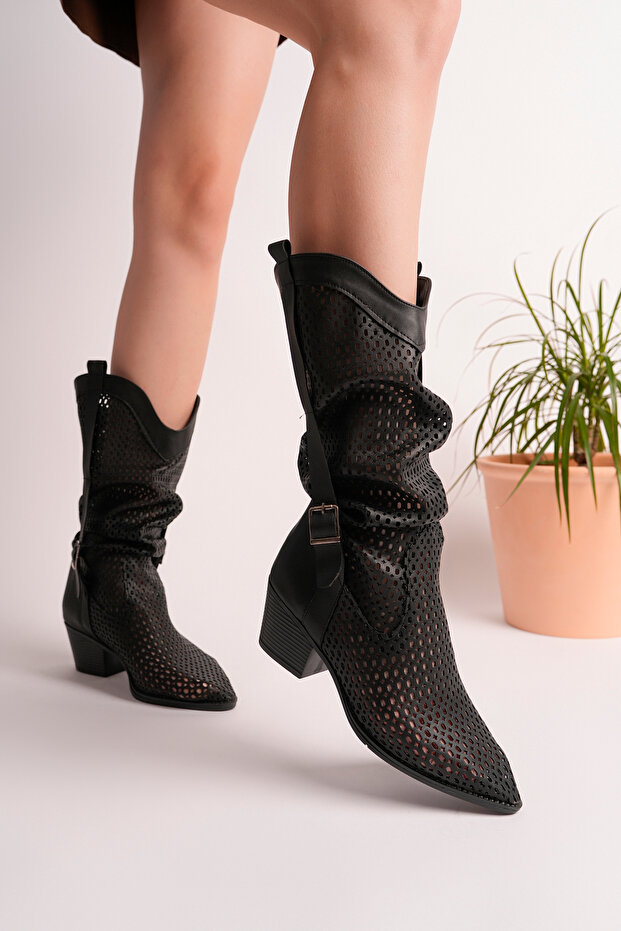 Women's Black Suede Laser Cut Summer Boots - (Large Size - Order 1 Size Smaller)