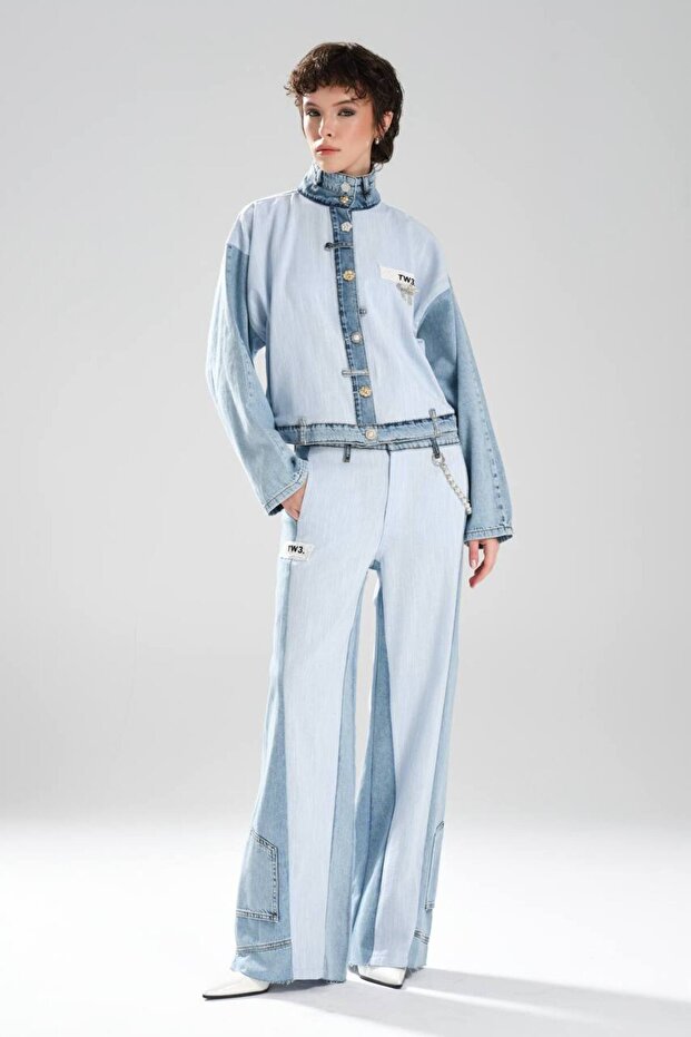 Women's Pearl Chain Accessory Denim Fabric Garnished Design Trousers