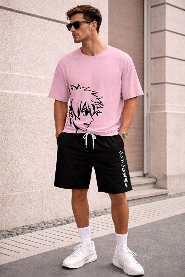 Unisex Oversize Anime Printed Shorts Set – Casual Wear Comfortable Cut Double Combination Unisex Set