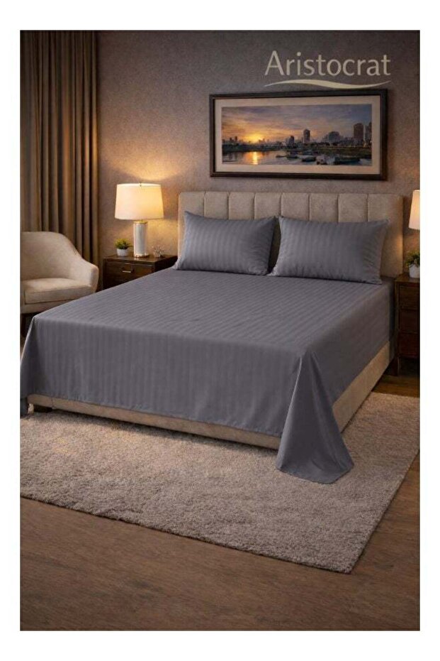 3-Piece Striped Microfiber Flat Bed Sheet Set, Queen/King, 220x240cm, 2 Pillowcases, Grey