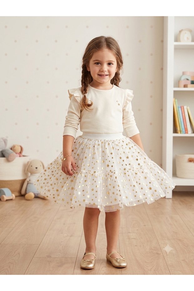 Star Printed Girls' Tulle Skirt