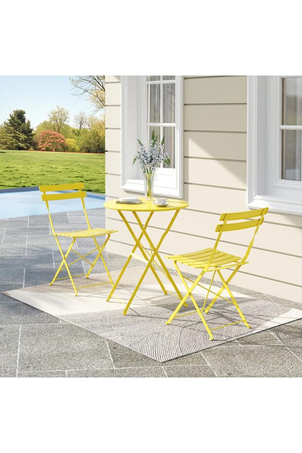 Outdoor Patio Furniture Set 3-Piece: Folding Metal Bistro Table & 2 Chairs, Weather-Resistant & Space-Saving for Garden Balcony Yard, Modern Conversation Set (Flat Tube Yellow)