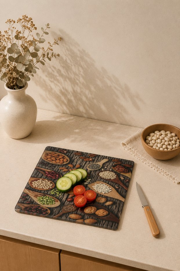 Glass Cutting Board with Legume Pattern 25X35 cm | Decorative Tempered Glass Cutting Board | Kitchen Countertop Protector | Chickpea Bean Lentil Themed Design