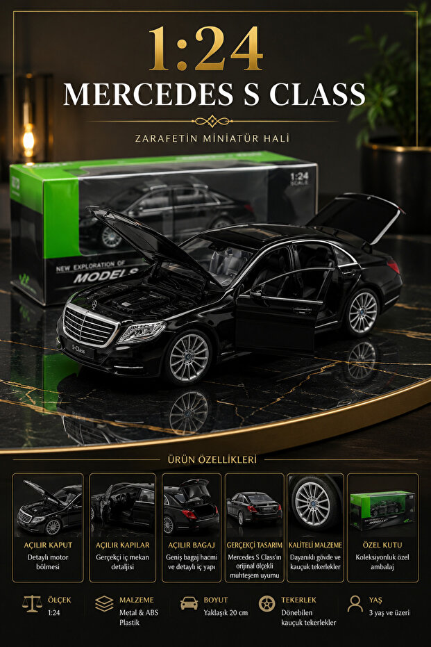 Mercedes-Benz S-Class 1:24 Black Diecast Metal Model Car Doors Openable