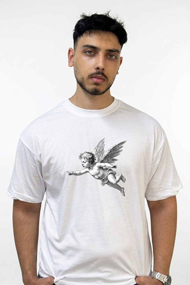 Winged Cherub Design Printed Oversize White T-Shirt