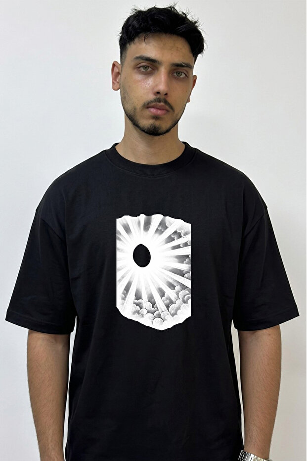 Light Beams Design Printed Oversize Black T-Shirt