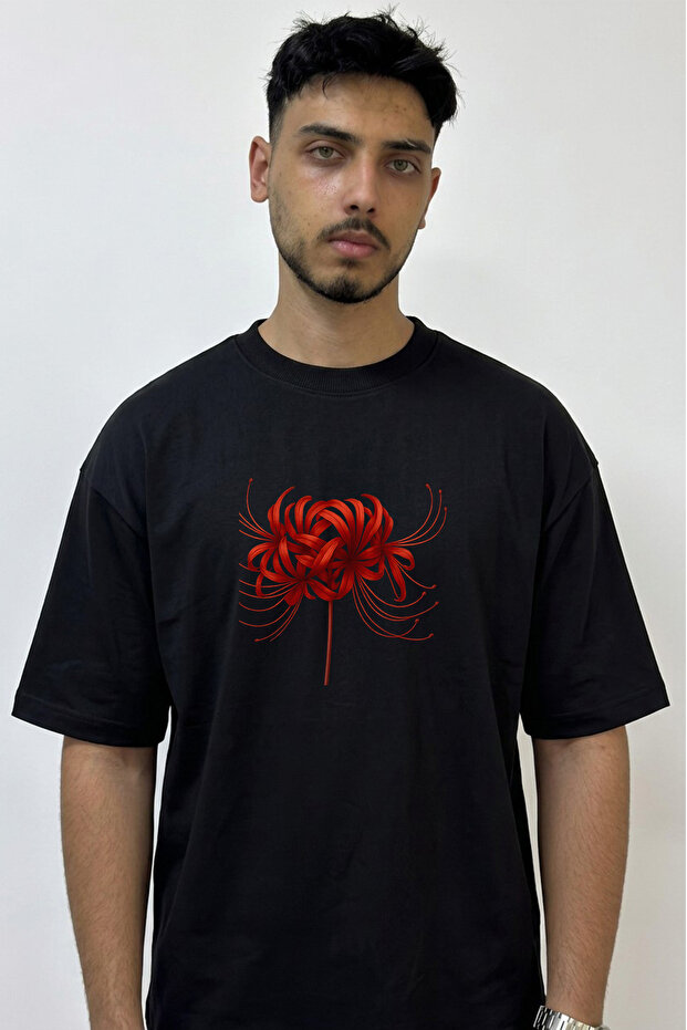 Red Spider Lily Design Printed Oversize Black T-Shirt