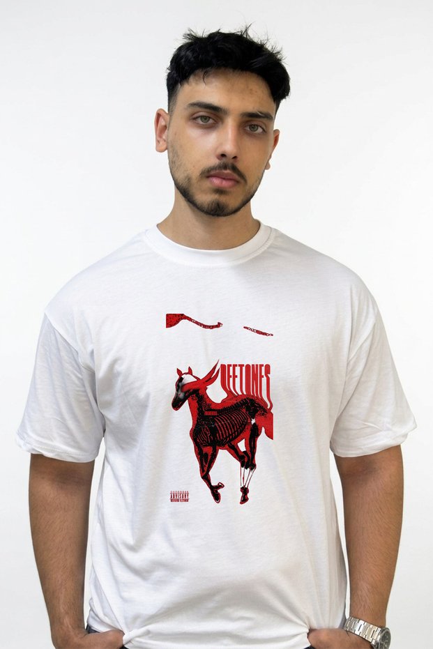 Deftones Horse Design Printed Oversize White T-Shirt