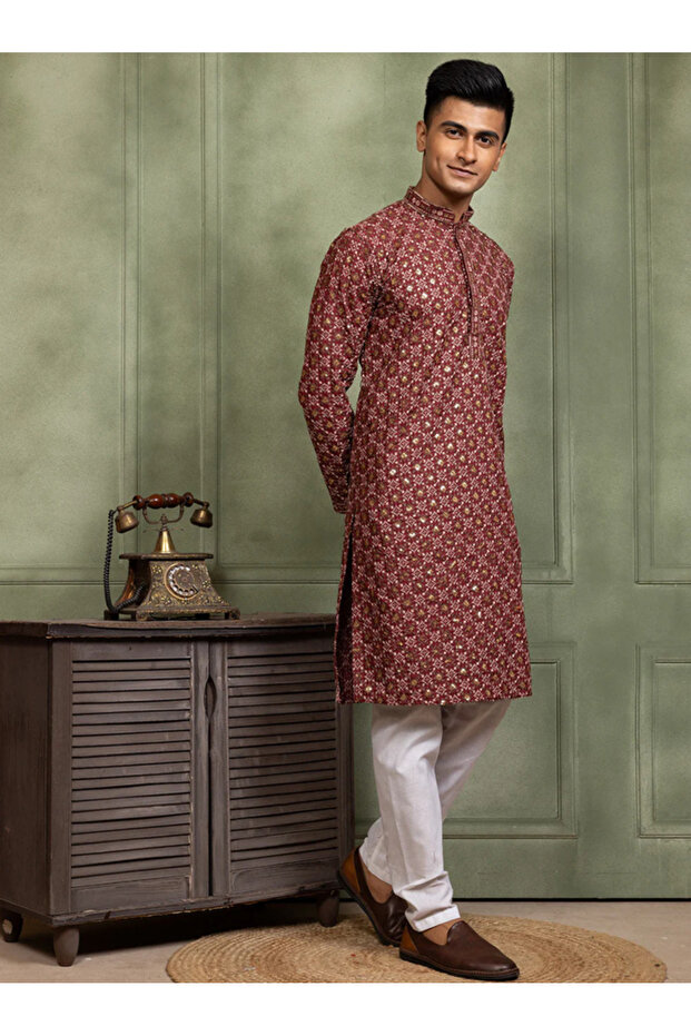 Mens Embellished Cotton Kurta Set
