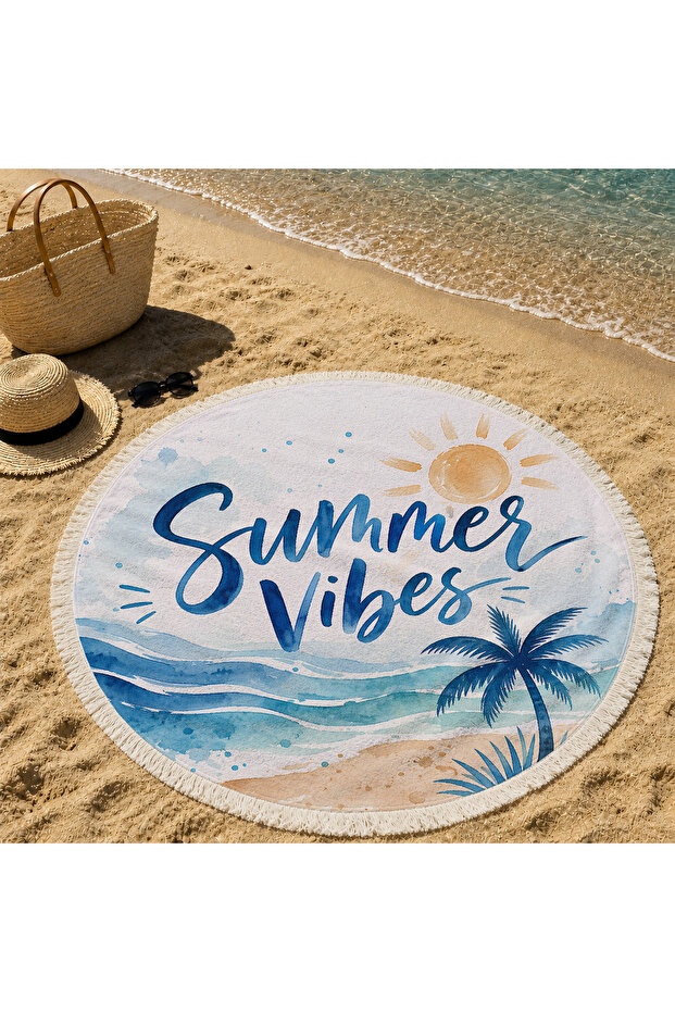 Round Beach Towel 150 cm Summer Vibes Written Palm Pattern Printed Beach Towel