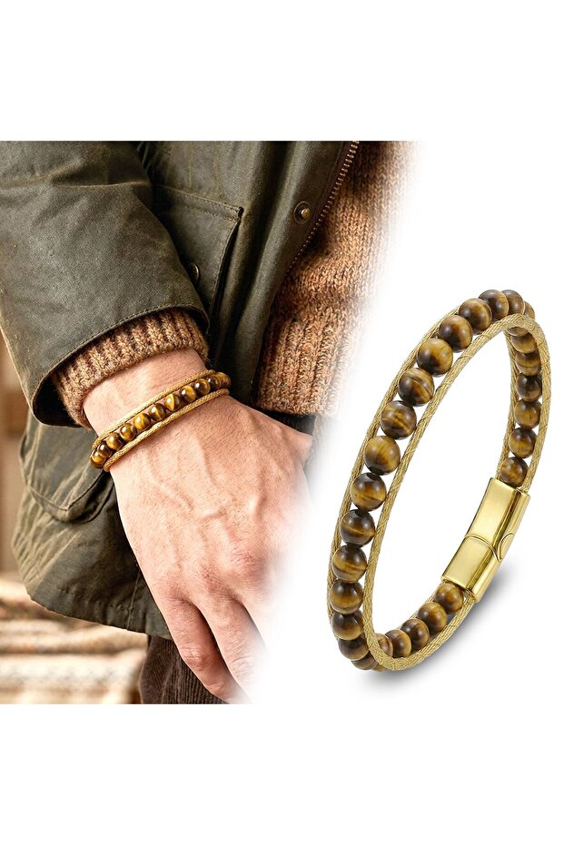 Steel Rope and Titanium Locking Tiger's Eye Bracelet 18392B2Dh11 Water Resistant, Anti-Allergic, Non-Tarnishing