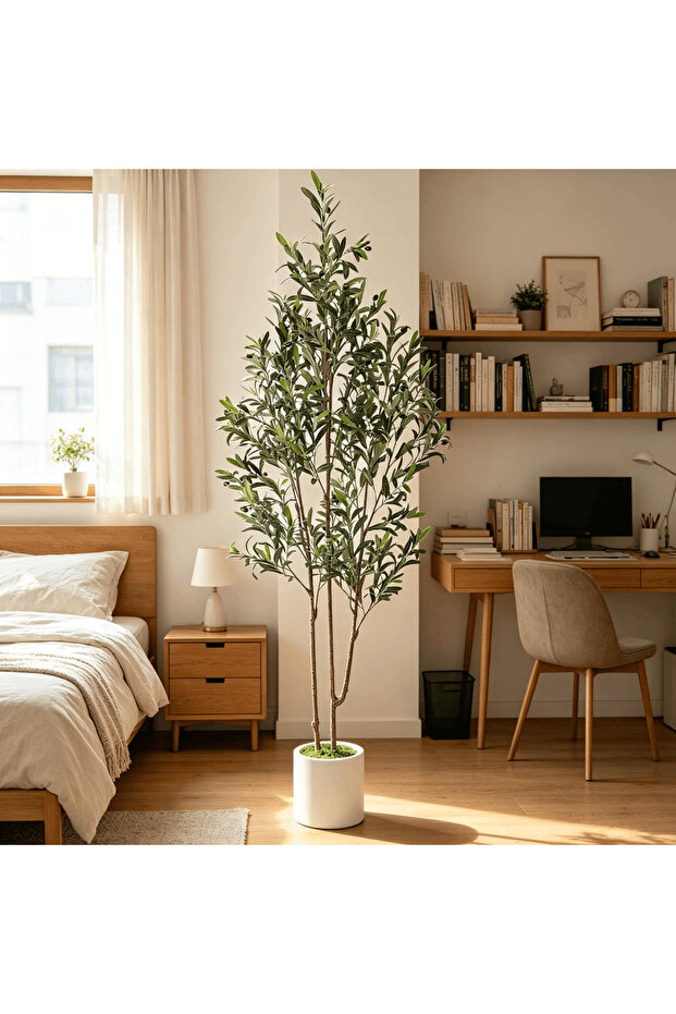 182 cm Artificial Olive Tree Double Trunk – Lifelike & Maintenance-Free with White Planter, Perfect for Living Room & Office