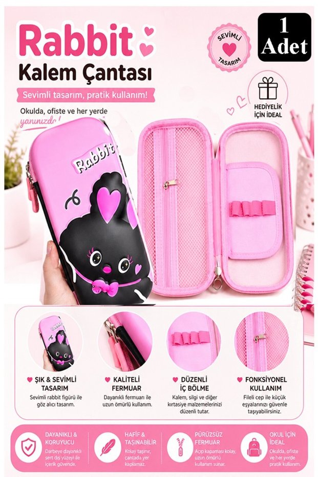 Pink Embossed Compartmented Pencil Holder 1 Piece P-5922 Girl's School Pencil Case 3D Cute Cartoon